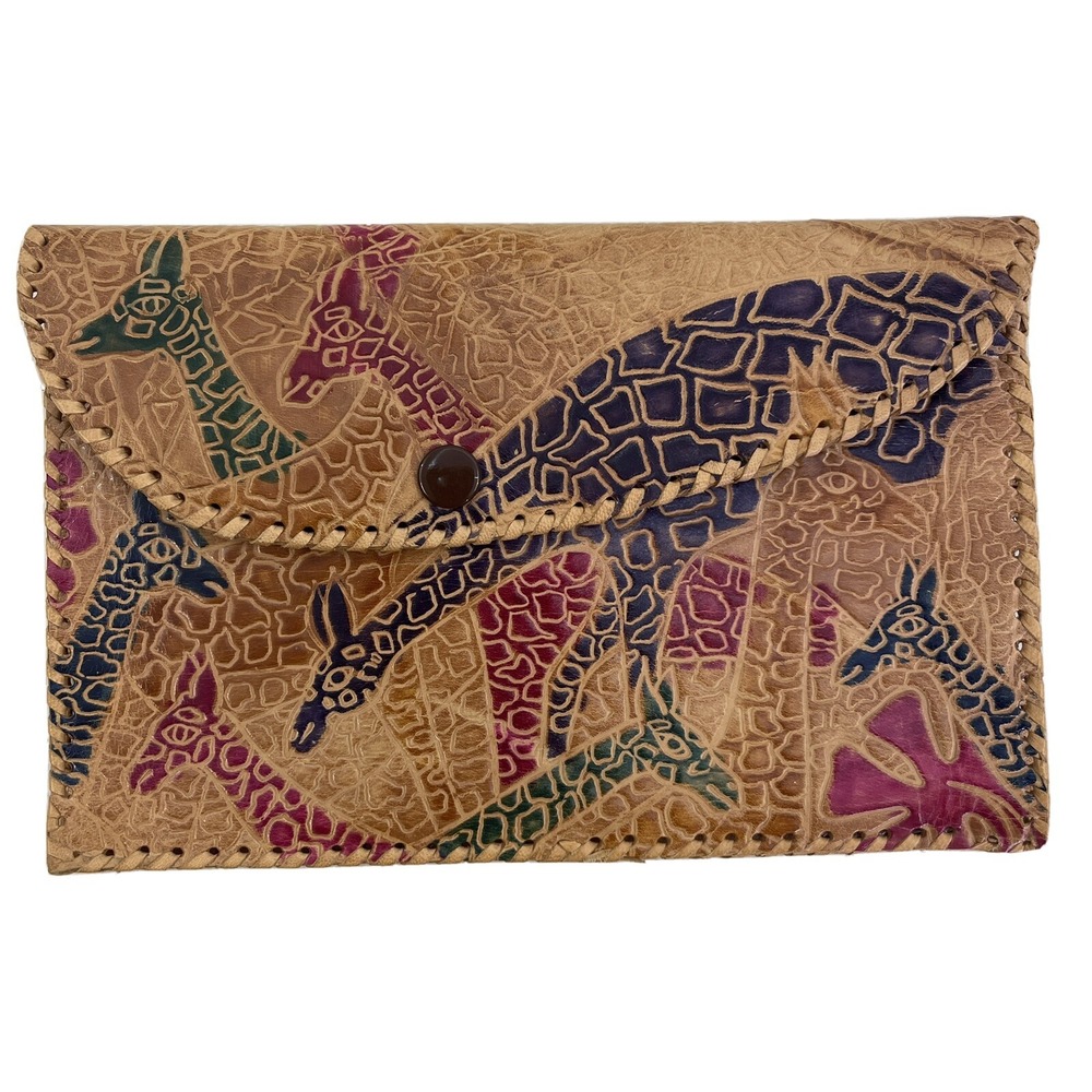 Leather Clutch Wallet Giraffe‎ Safari 8x5 India Made Woven Edges Unused